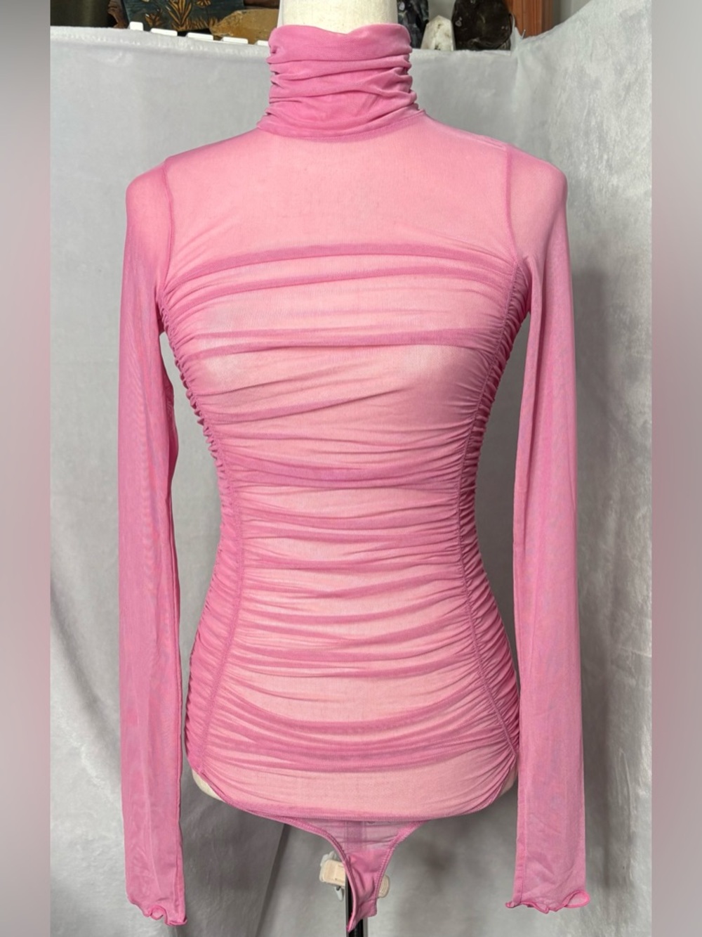 Free People Under It All Bodysuit Fiji Flower Pink Mesh Ruched XS NWT